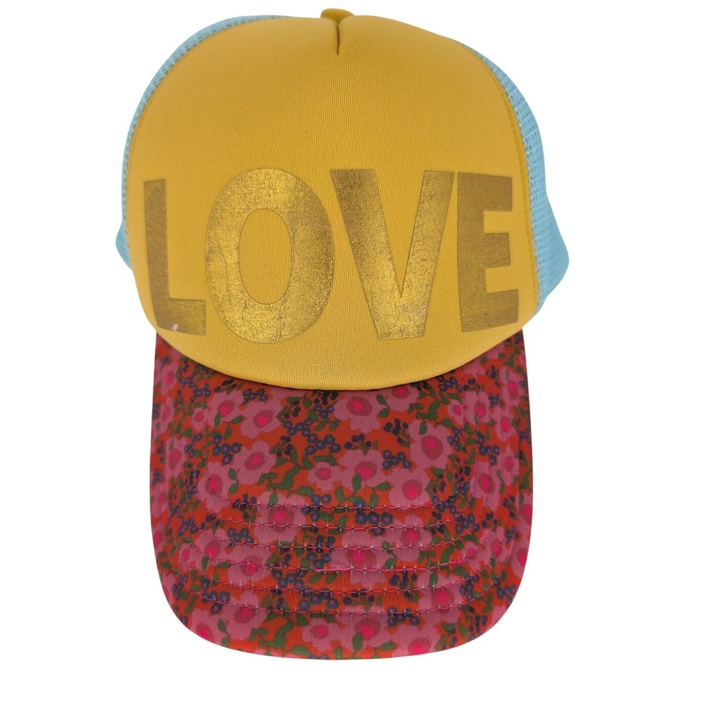 Natural Life Trucker Hat Women OS Yellow Blue LOVE Floral Mesh Snapback Boho - Picture 2 of 9